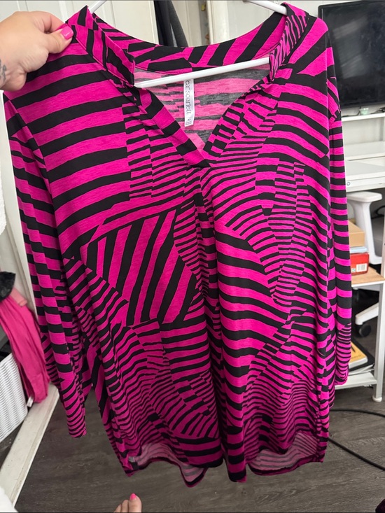 Dear Scarlett Tops - Bold Pink & Black Striped V-Neck Tunic Top by Love Stitch